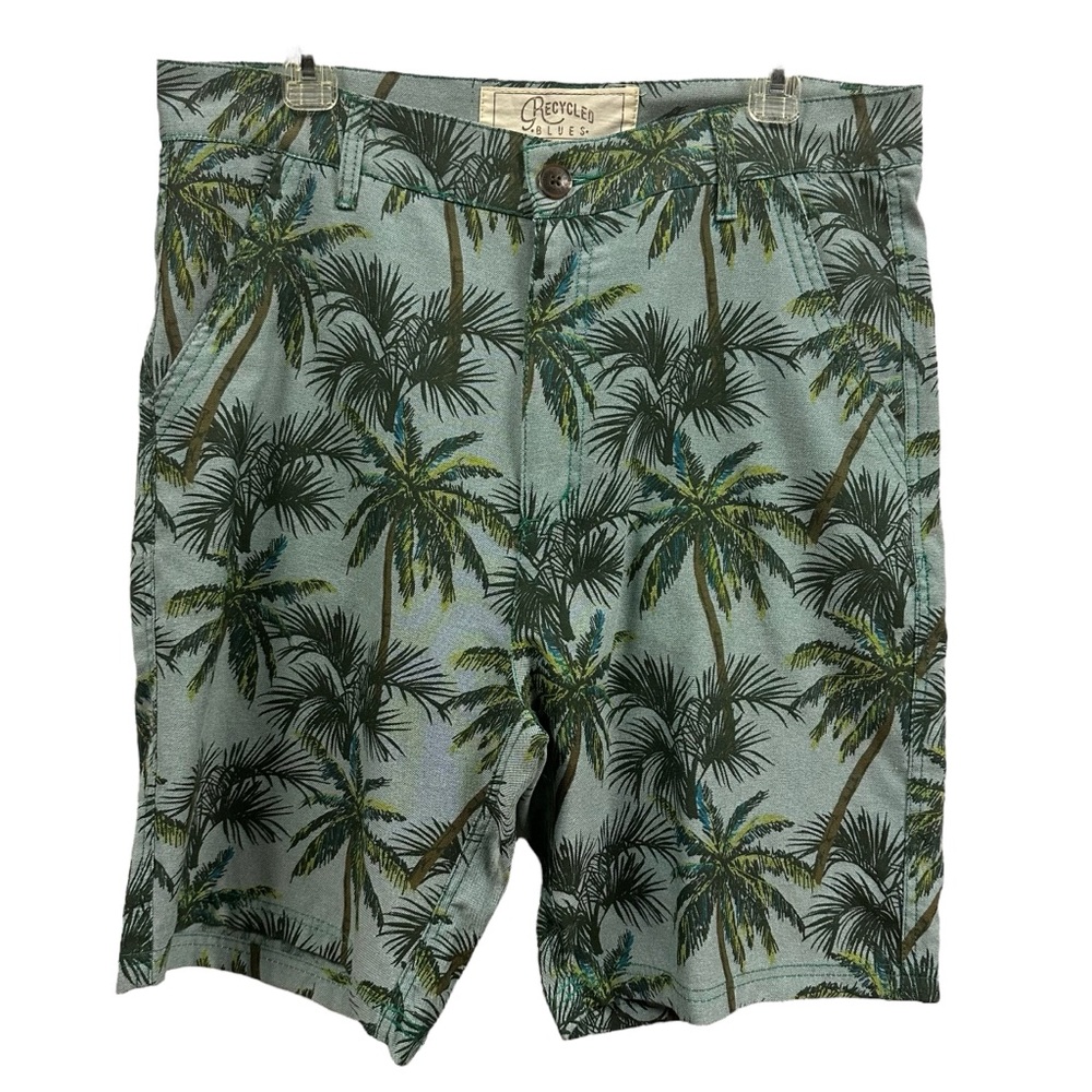 Recycled Blues Cotton Tropical Palm Tree Flat Front 4 Pocket Shorts Mens 36